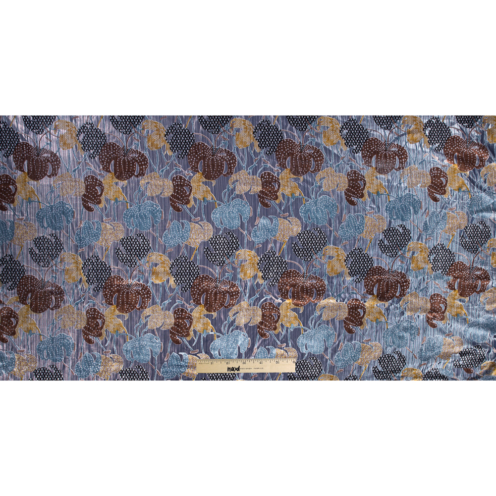 Floral Burnout Velvet with Metallic Silver Stripes - Blue, Yellow and Burgundy Folded