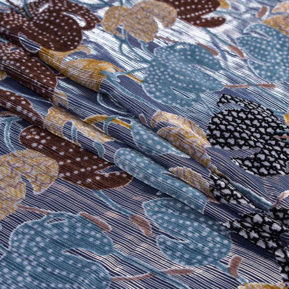 Floral Burnout Velvet with Metallic Silver Stripes - Blue, Yellow and Burgundy Detail
