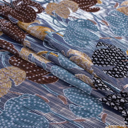 Floral Burnout Velvet with Metallic Silver Stripes - Blue, Yellow and Burgundy Detail