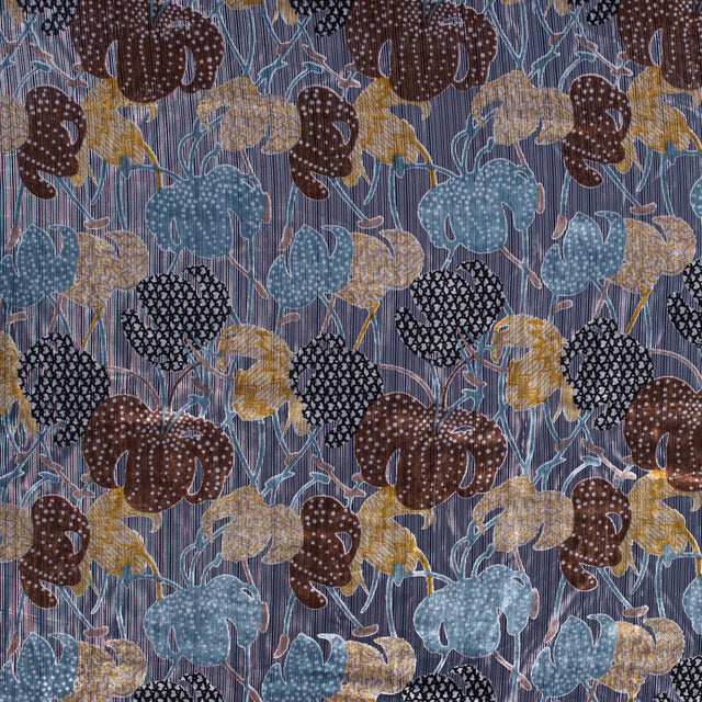 Floral Burnout Velvet with Metallic Silver Stripes - Blue, Yellow and Burgundy