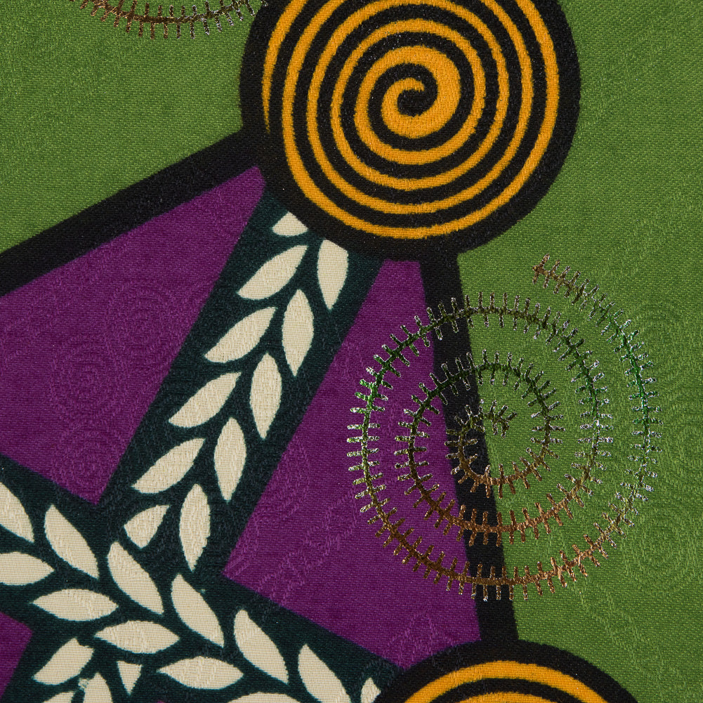 Purple and Green Waxed Cotton African Print with Inlaid Pattern and Metallic Ombre Spiral Foil Detail
