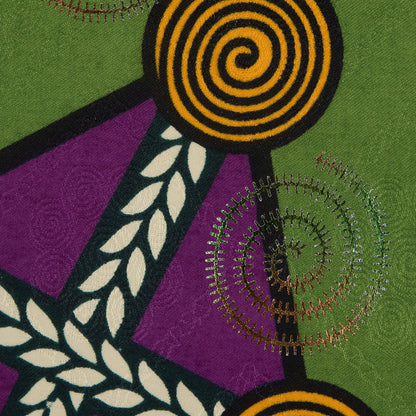 Purple and Green Waxed Cotton African Print with Inlaid Pattern and Metallic Ombre Spiral Foil Detail