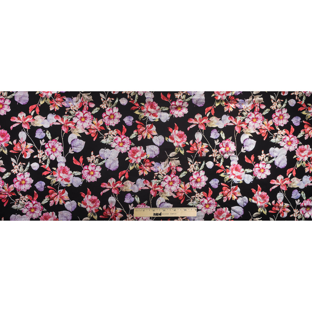 Black Ponte Knit with Multicolor Floral Foil Design Folded