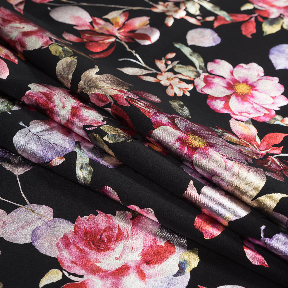 Black Ponte Knit with Multicolor Floral Foil Design Detail