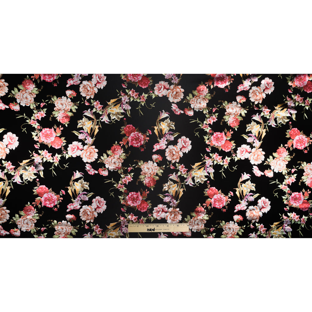 Black Ponte Knit with Multicolor Floral Foil Design Folded