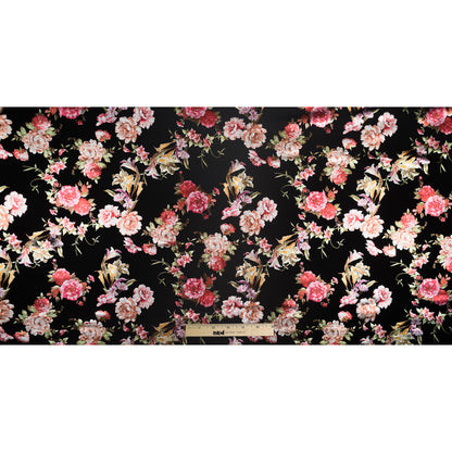 Black Ponte Knit with Multicolor Floral Foil Design Folded