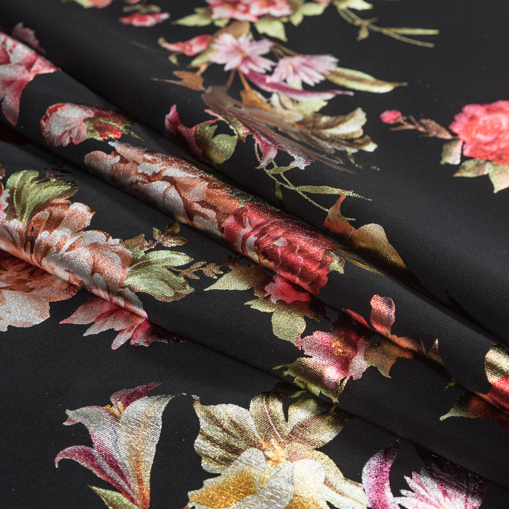 Black Ponte Knit with Multicolor Floral Foil Design Detail