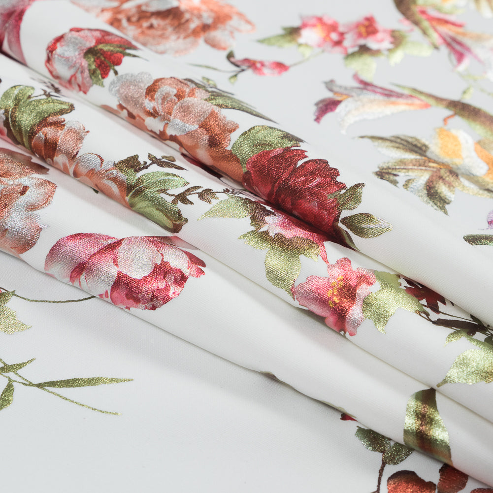 White Ponte Knit with Multicolor Floral Foil Design Detail