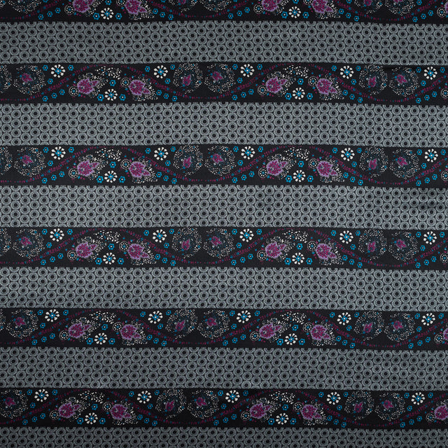 Gray and Purple Floral and Geometric Striped Silk Charmeuse