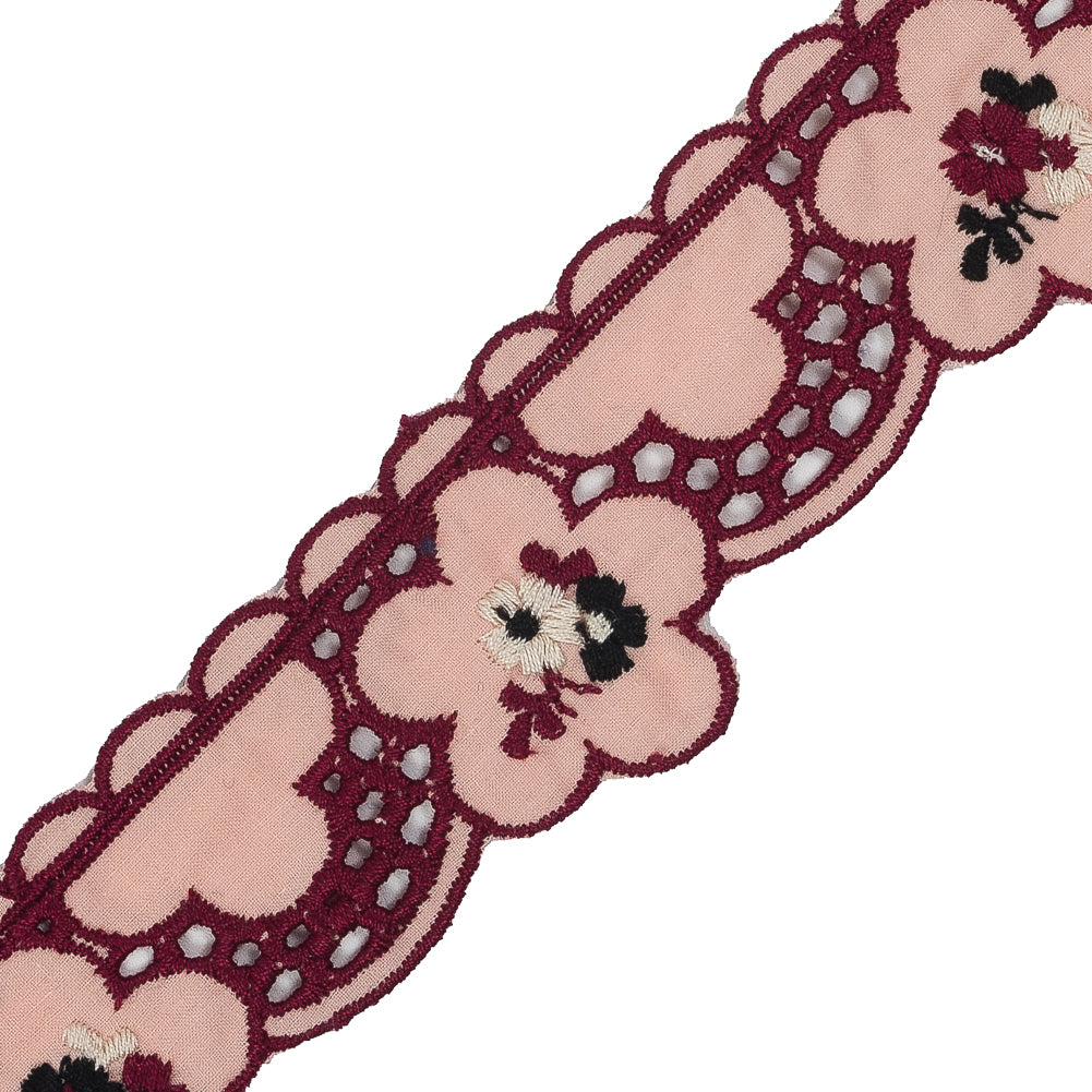 Pink Floral Embroidered Eyelet Trim - 2" Detail