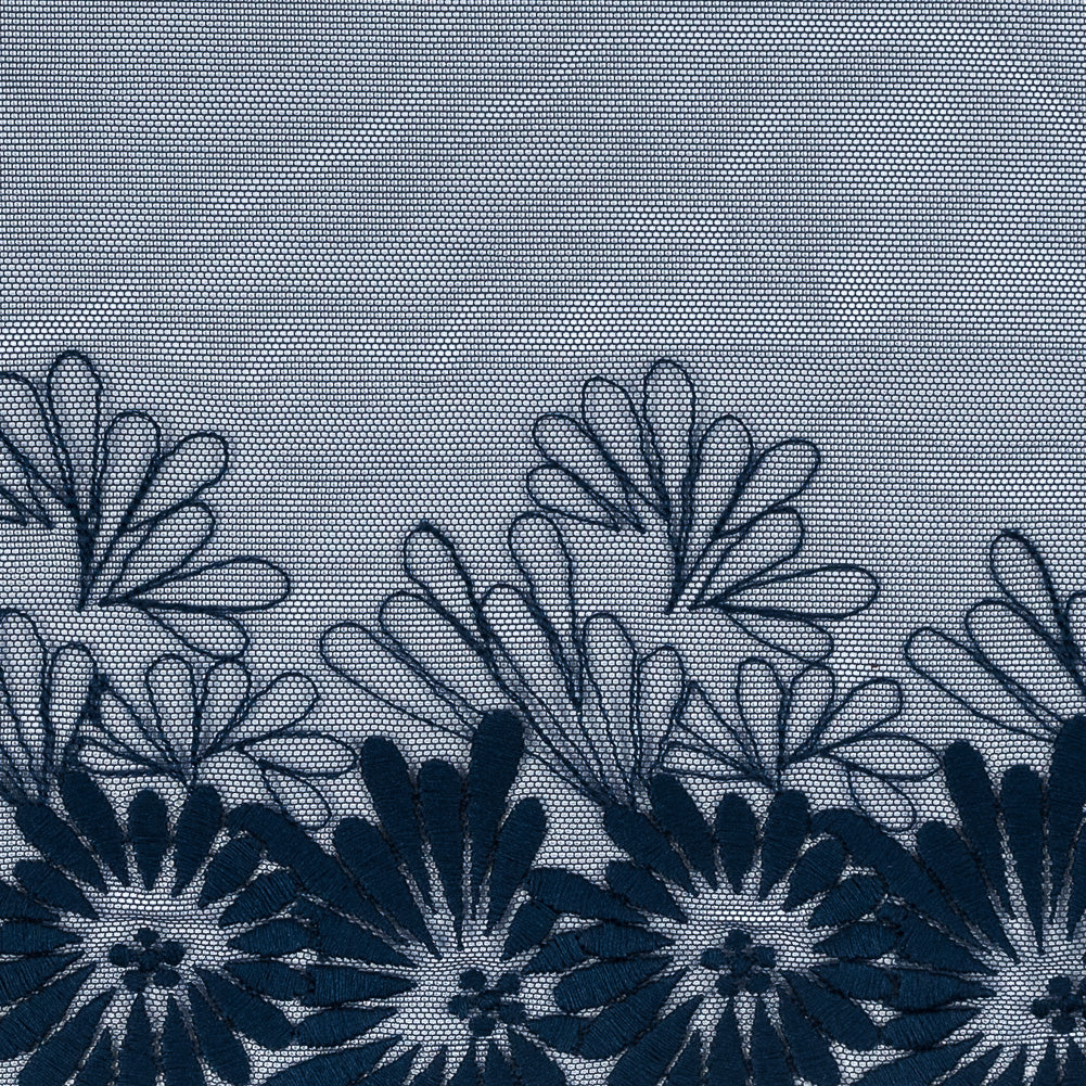Poseidon Blue Floral Embroidered Mesh Trim - 4.5" Detail