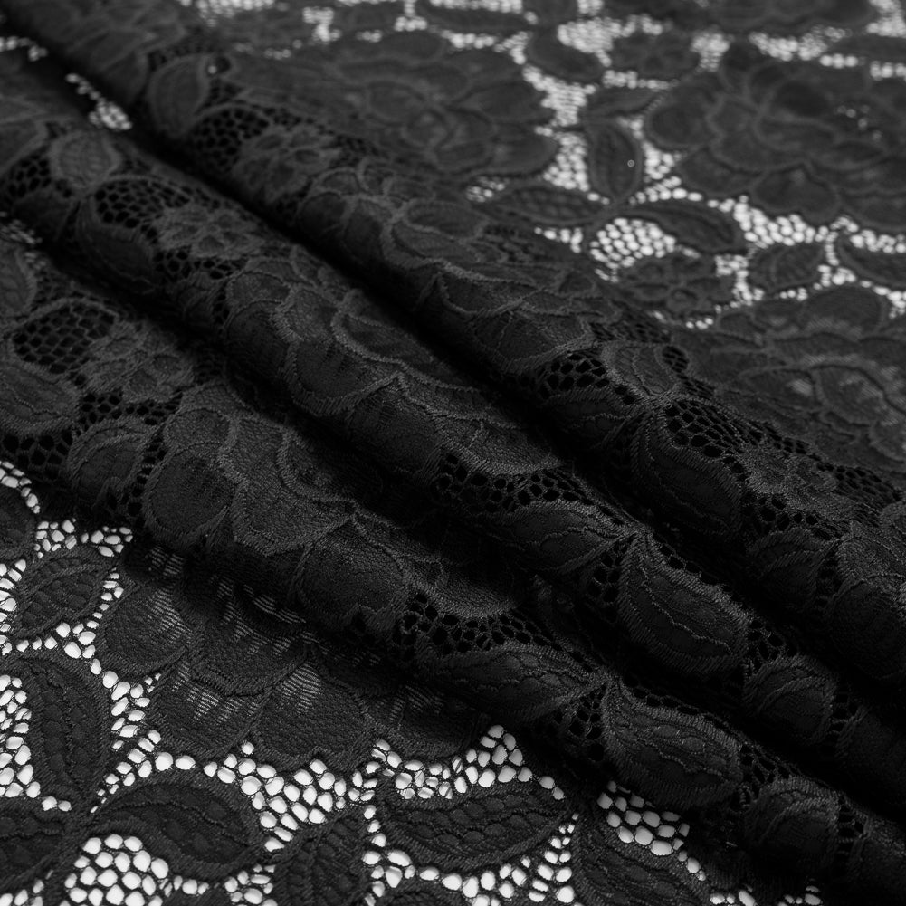 Re-Embroidered Stretch Crochet Lace - Black Roses Folded