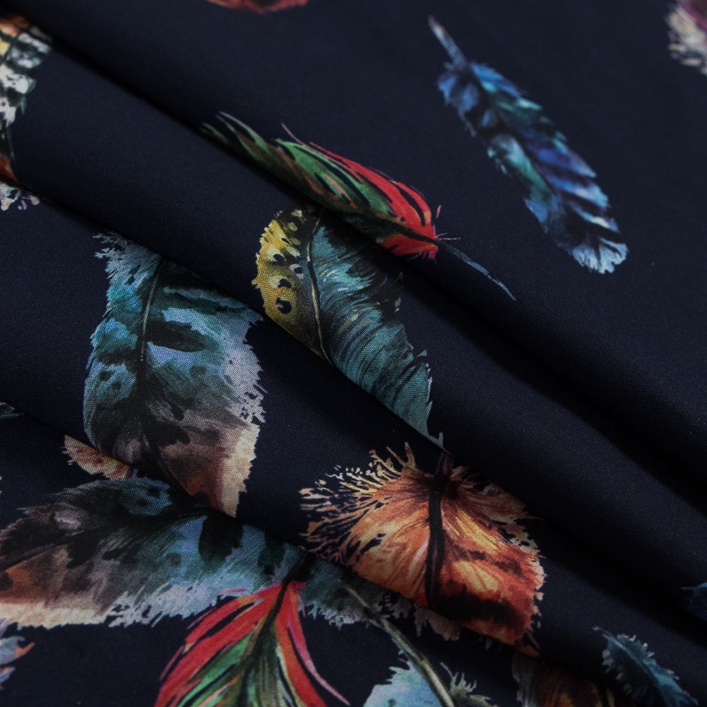 Organic Viscose Batiste - Navy and Multicolor Feather Border Print Folded