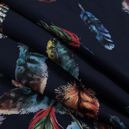 Organic Viscose Batiste - Navy and Multicolor Feather Border Print Folded