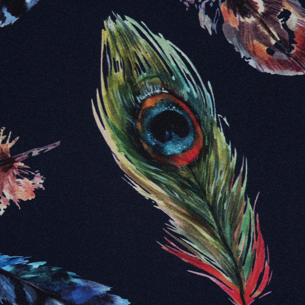 Organic Viscose Batiste - Navy and Multicolor Feather Border Print Detail