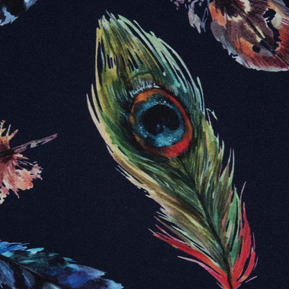 Organic Viscose Batiste - Navy and Multicolor Feather Border Print Detail