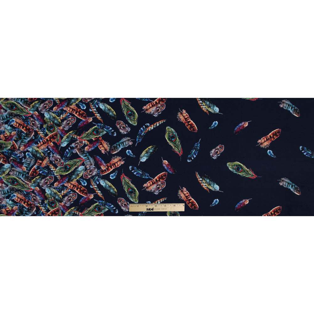 Organic Viscose Batiste - Navy and Multicolor Feather Border Print Full