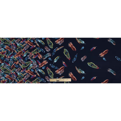 Organic Viscose Batiste - Navy and Multicolor Feather Border Print Full