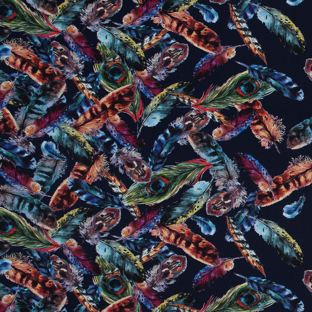 Organic Viscose Batiste - Navy and Multicolor Feather Border Print