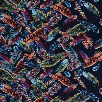 Organic Viscose Batiste - Navy and Multicolor Feather Border Print