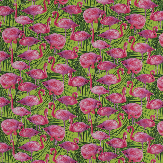 Organic Viscose Batiste - Pink and Green Flamingos and Palm Leaves