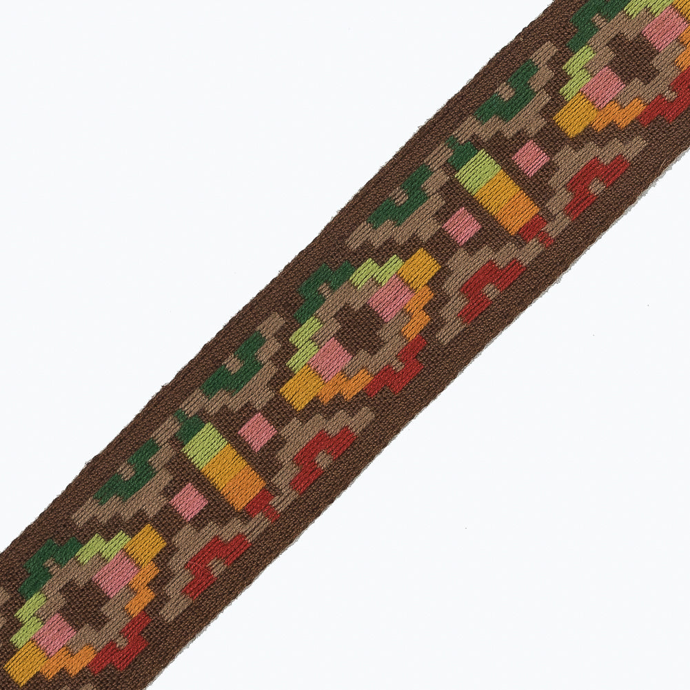 Brown Multicolor Geometric Jacquard Ribbon - 1" Detail