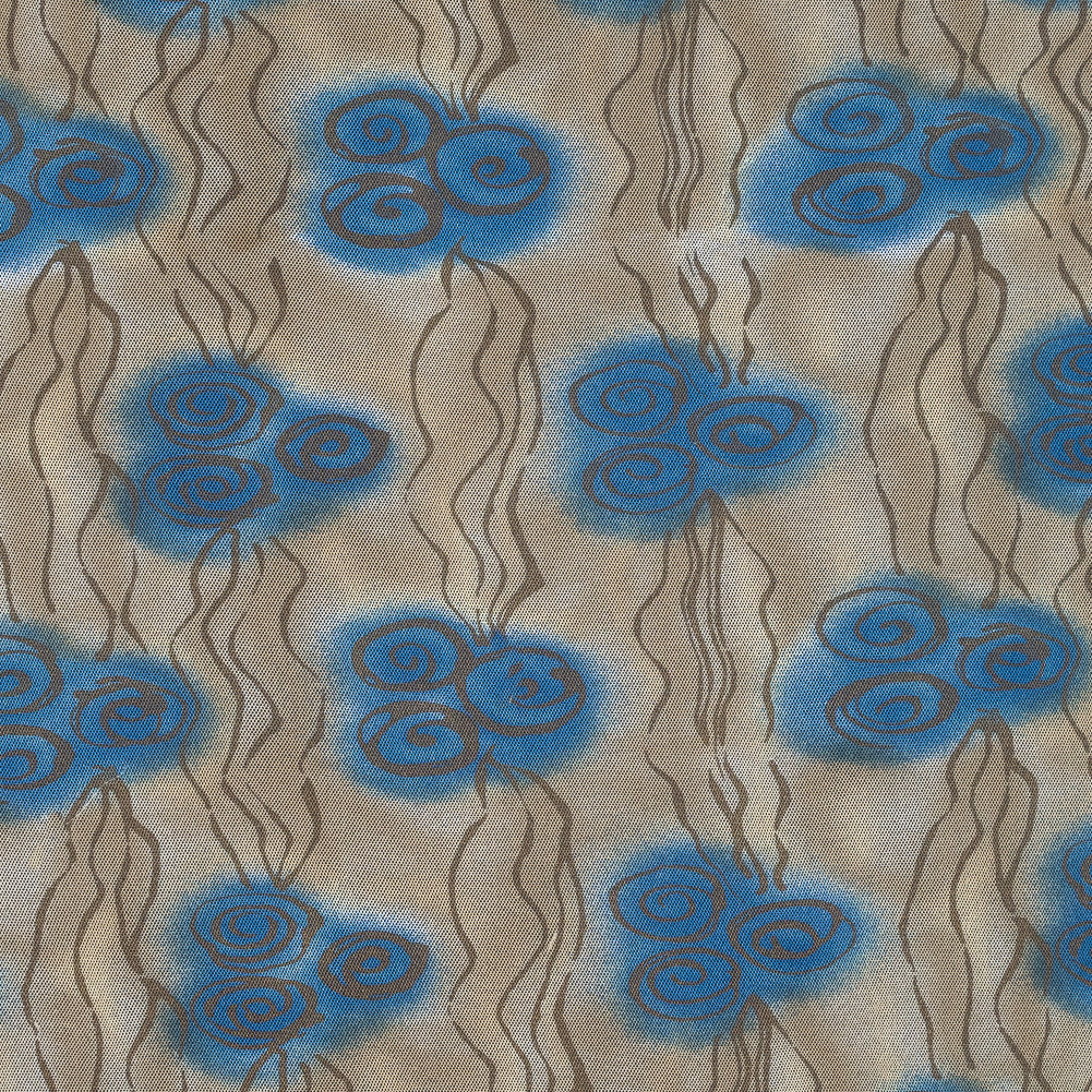 Blue and Beige Printed Polyester Mesh