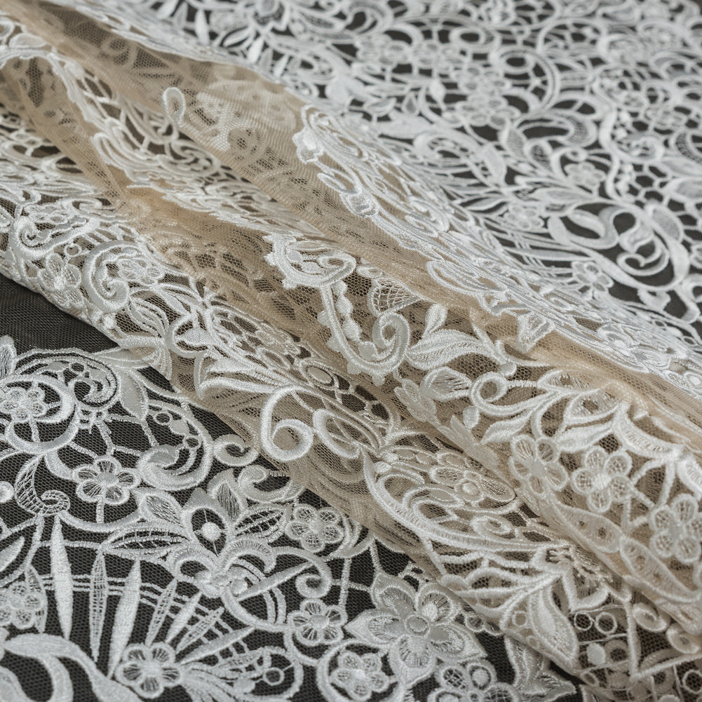 Embroidered Lace - Off-White Floral on Nude Detail
