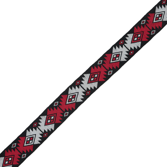 Black, Red and White Geometric German Jacquard Ribbon - 1"