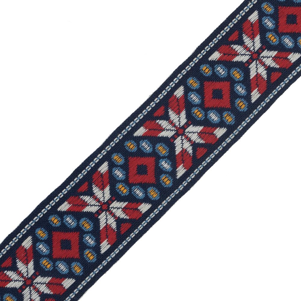 Blue, Red and White Geometric Jacquard Ribbon - 1.875" Detail