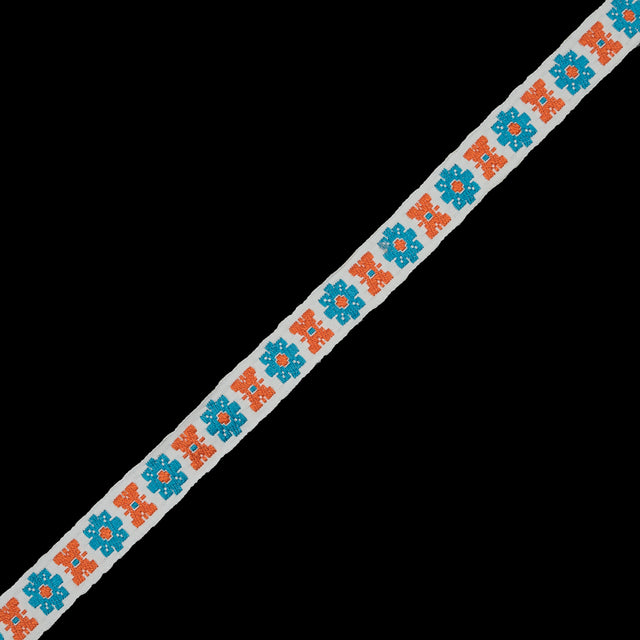 Orange and Blue Floral Jacquard Ribbon - 0.75"