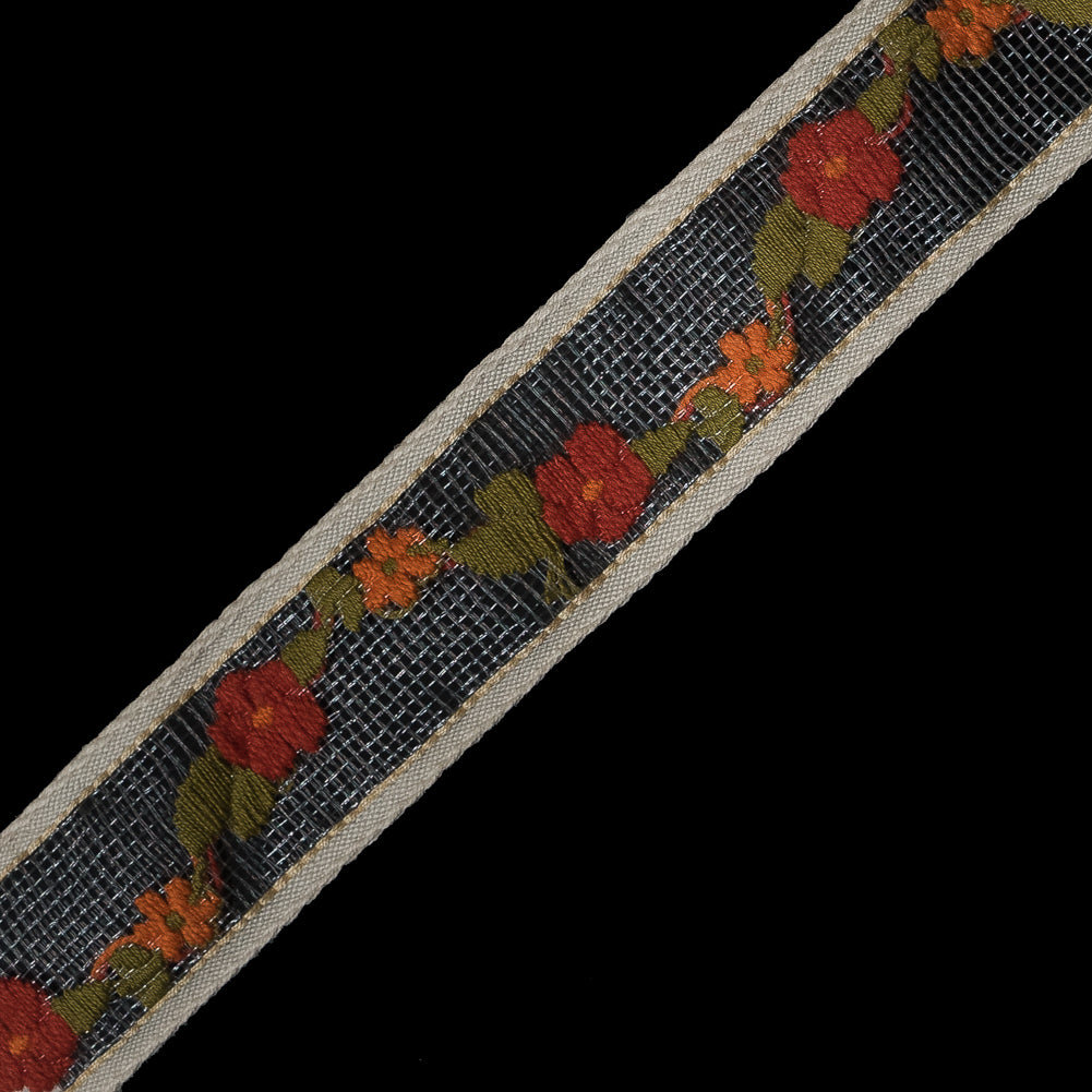 Red and Orange Flowers Embroidered on Clear Tulle Trim - 1" Detail