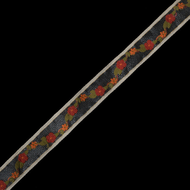 Red and Orange Flowers Embroidered on Clear Tulle Trim - 1"