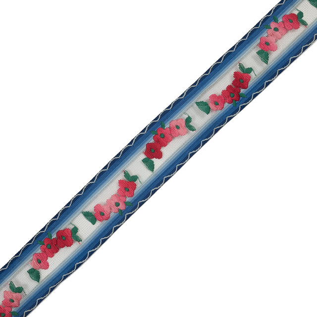 Pink Flowers Embroidered on Blue Lined Tulle Trimming - 1.5"