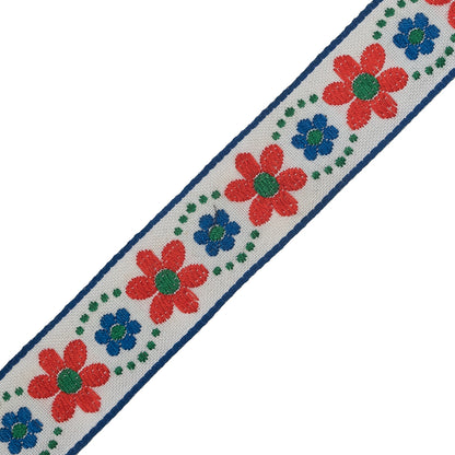 Red Orange, Blue and Green Floral German Jacquard Ribbon - 1.25" Detail