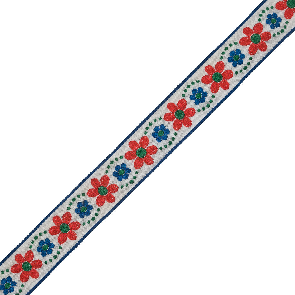 Red Orange, Blue and Green Floral German Jacquard Ribbon - 1.25"