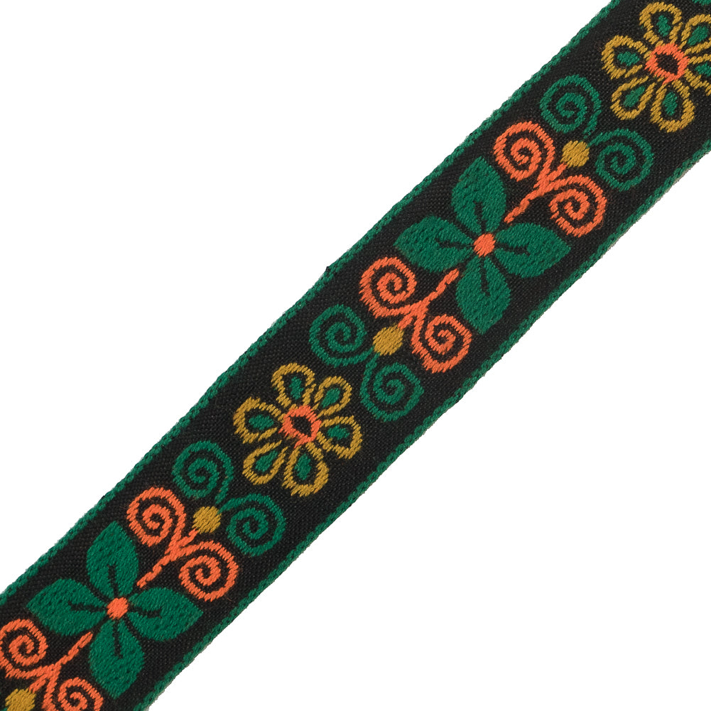 Green and Neon Orange Floral German Jacquard Ribbon - 1" Detail