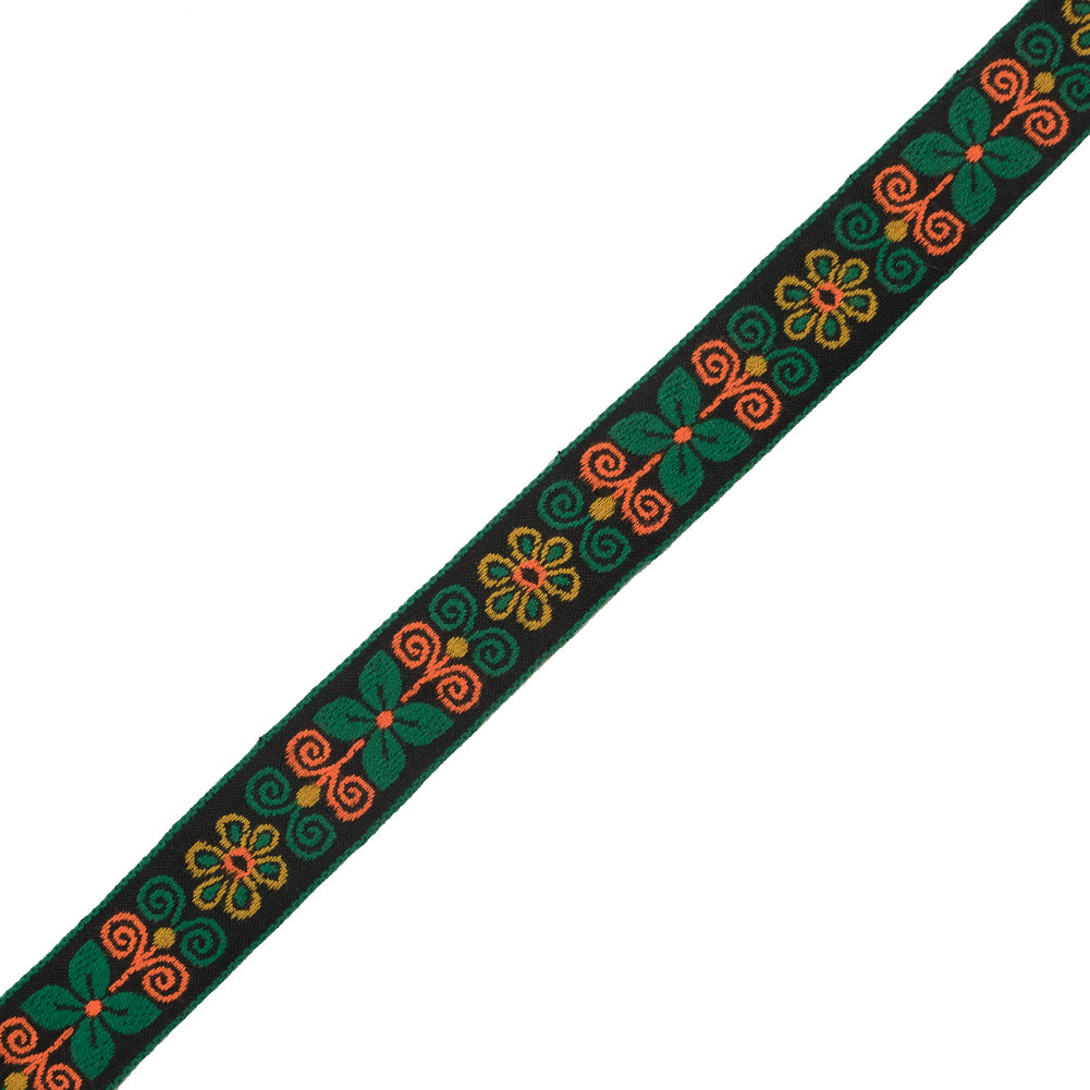 Green and Neon Orange Floral German Jacquard Ribbon - 1"