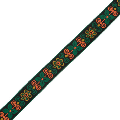 Green and Neon Orange Floral German Jacquard Ribbon - 1"
