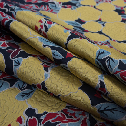 Navy, Yellow and Red Large-Scale Floral Jacquard Panel Folded