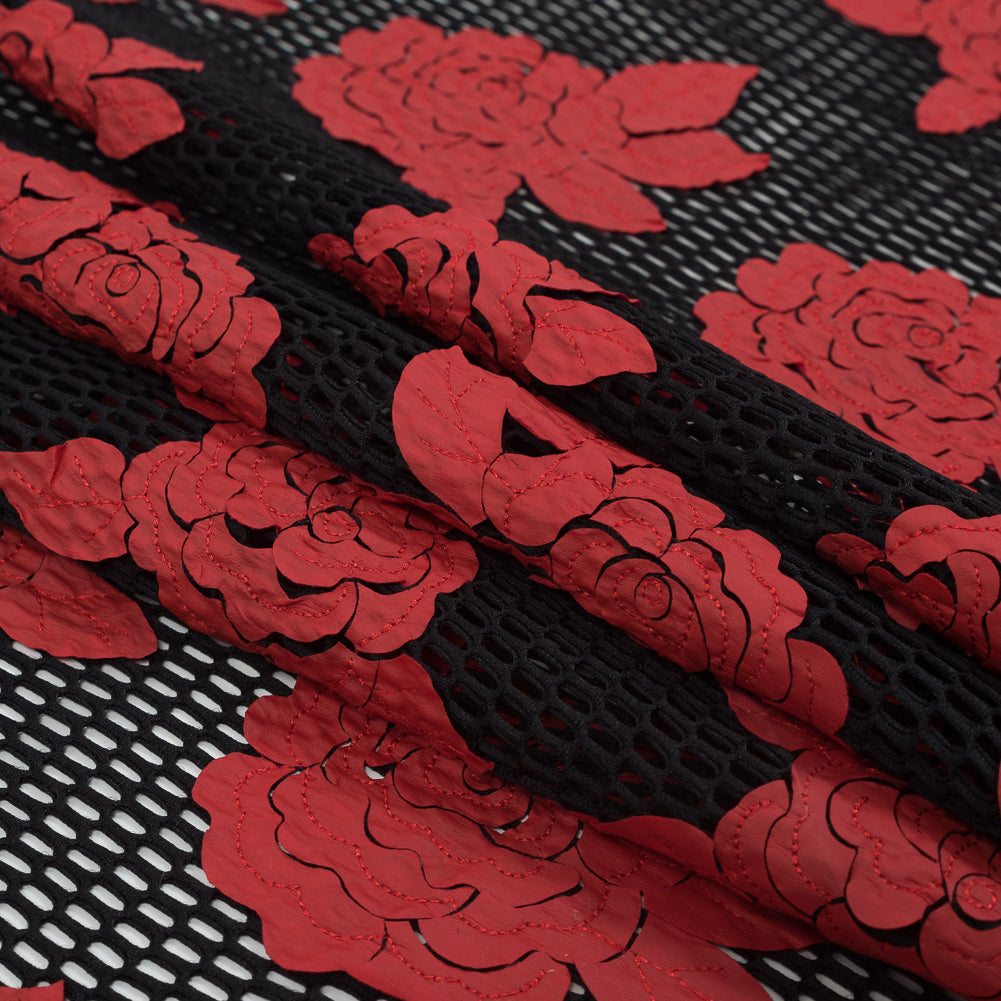 Wonder Mesh with Floral Embroidered Faux Leather - Black and Red Folded
