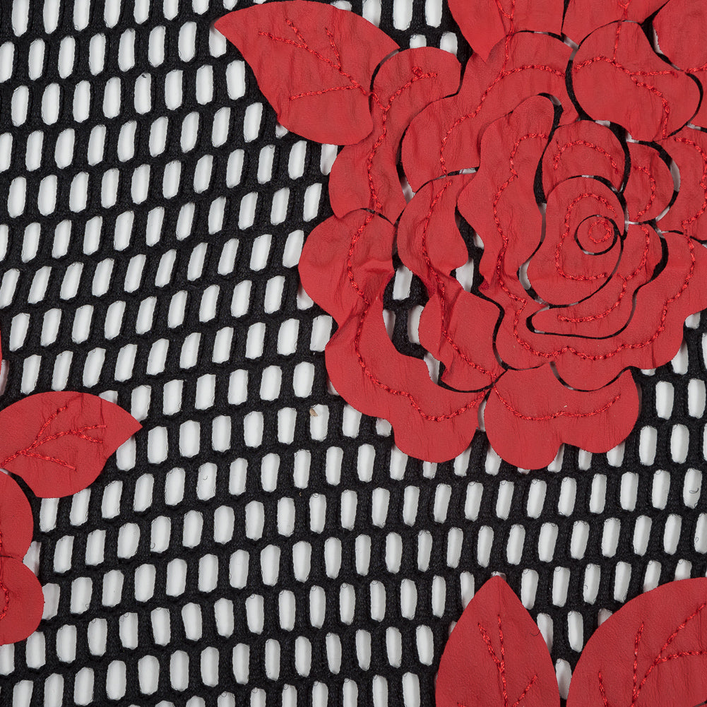 Wonder Mesh with Floral Embroidered Faux Leather - Black and Red Detail