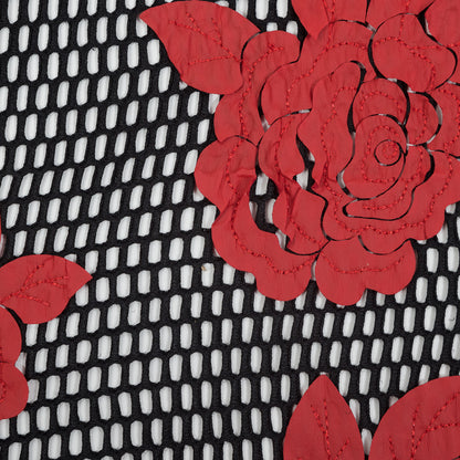 Wonder Mesh with Floral Embroidered Faux Leather - Black and Red Detail