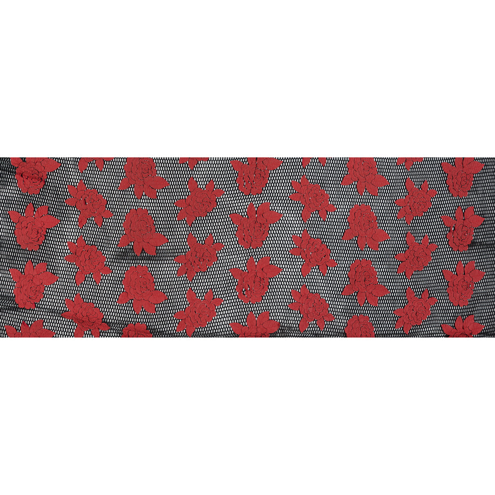 Wonder Mesh with Floral Embroidered Faux Leather - Black and Red Full