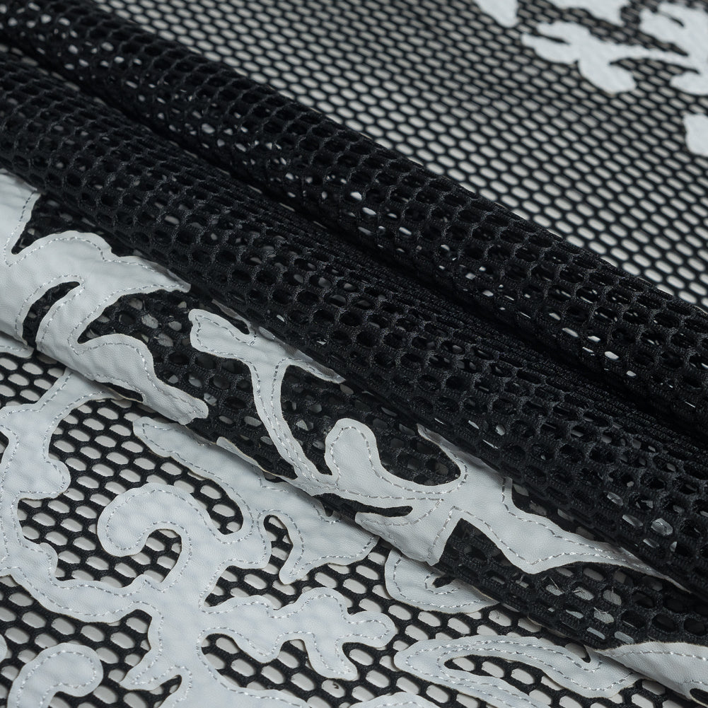 Wonder Mesh with Floral Faux Leather Embroidered Borders - Black and White Folded