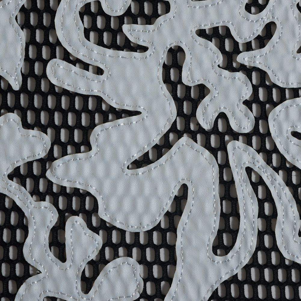Wonder Mesh with Floral Faux Leather Embroidered Borders - Black and White Detail