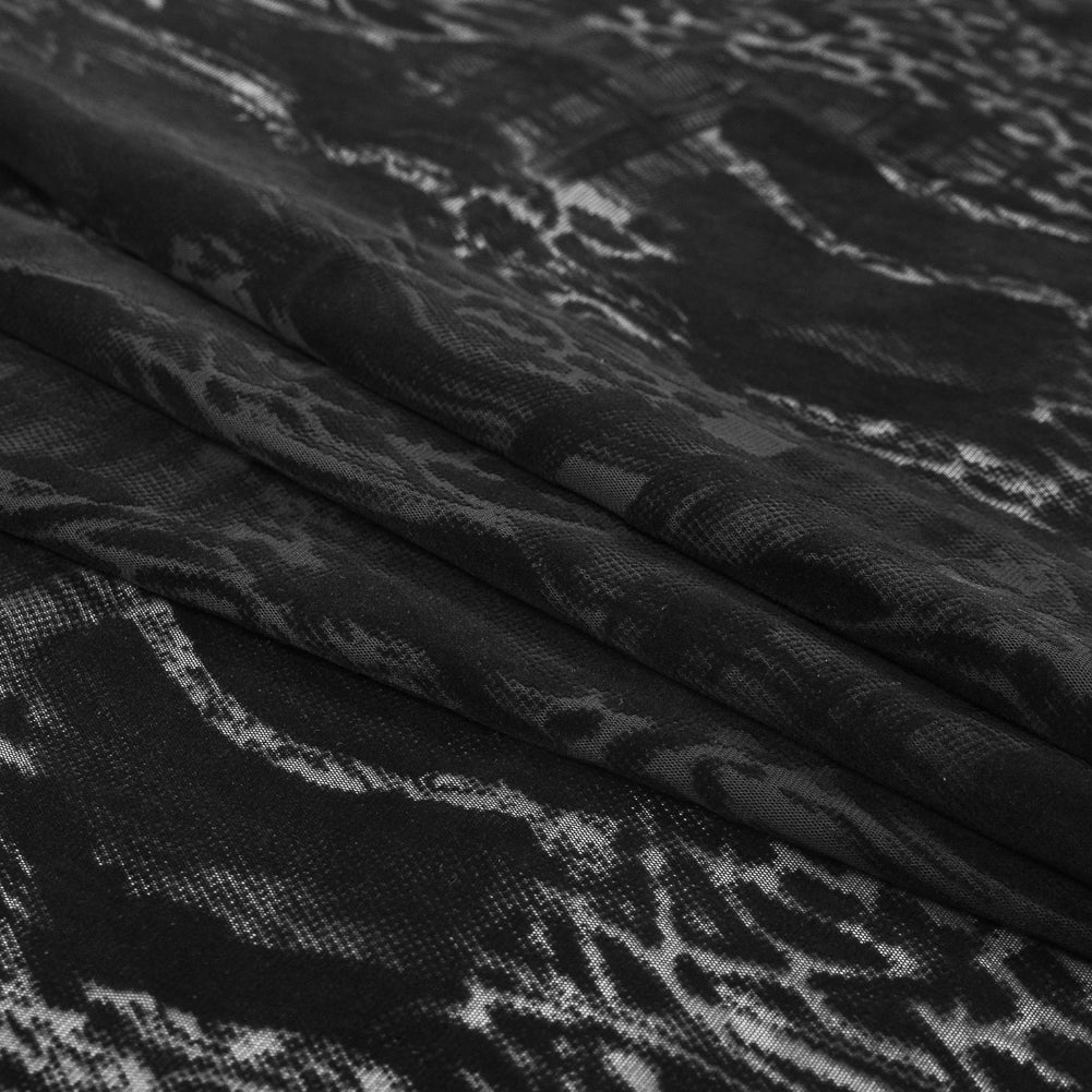 Black Mesh Flocked with a Plaid and Animal Patterened Short-Piled Velvet Folded