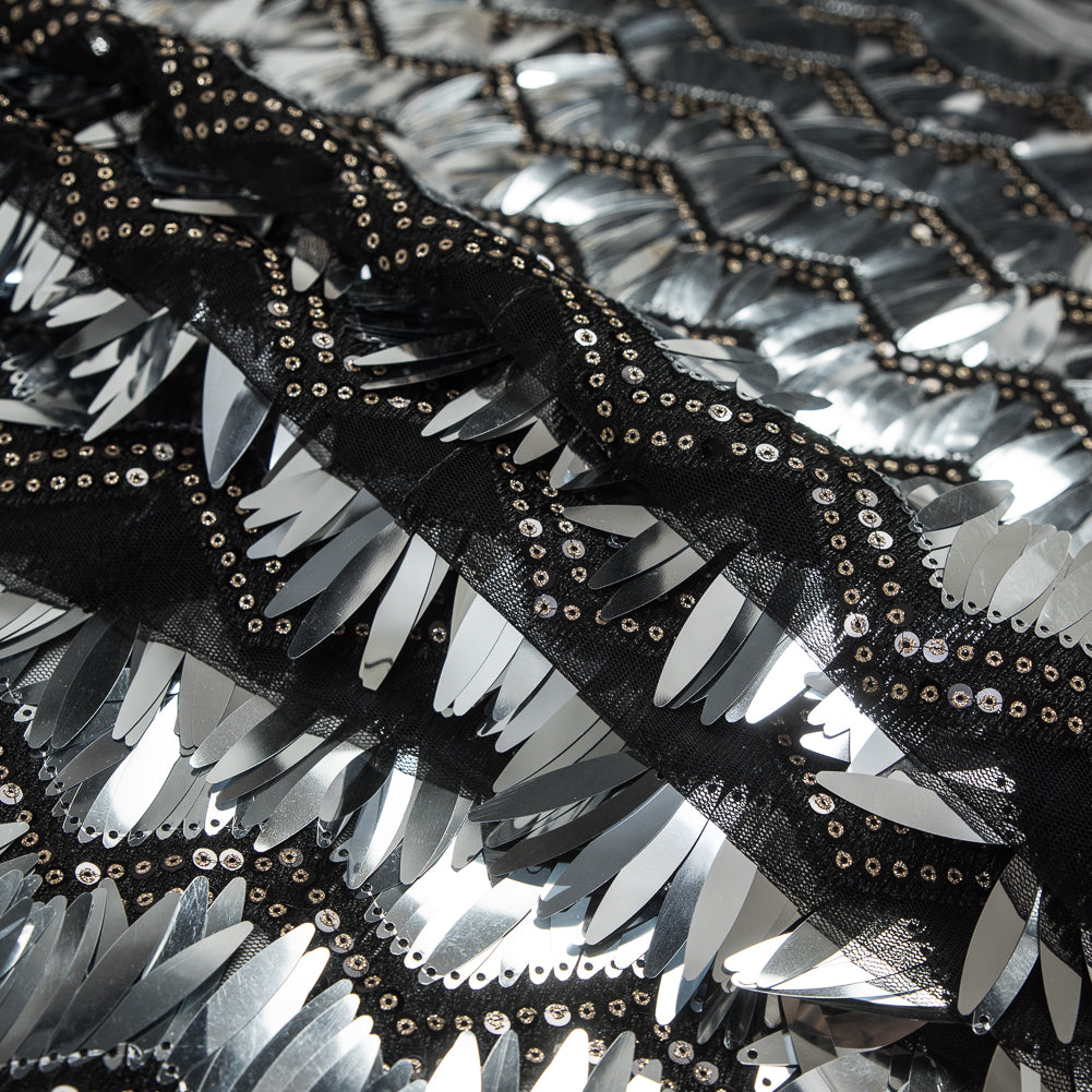 Black and Silver Chevron Fringe Sequin Fabric Detail