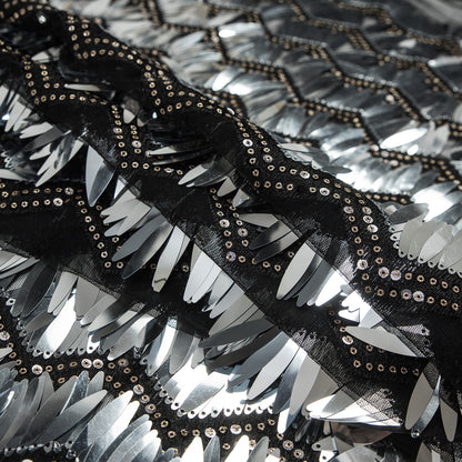 Black and Silver Chevron Fringe Sequin Fabric Detail