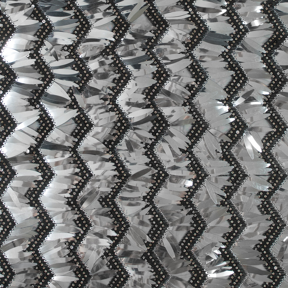 Black and Silver Chevron Fringe Sequin Fabric